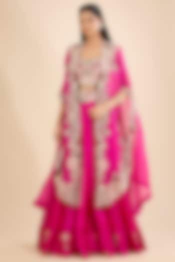 Rani Pink Silk & Organza Thread Embroidered Tiered Skirt Set by Minaxi Dadoo at Pernia's Pop Up Shop