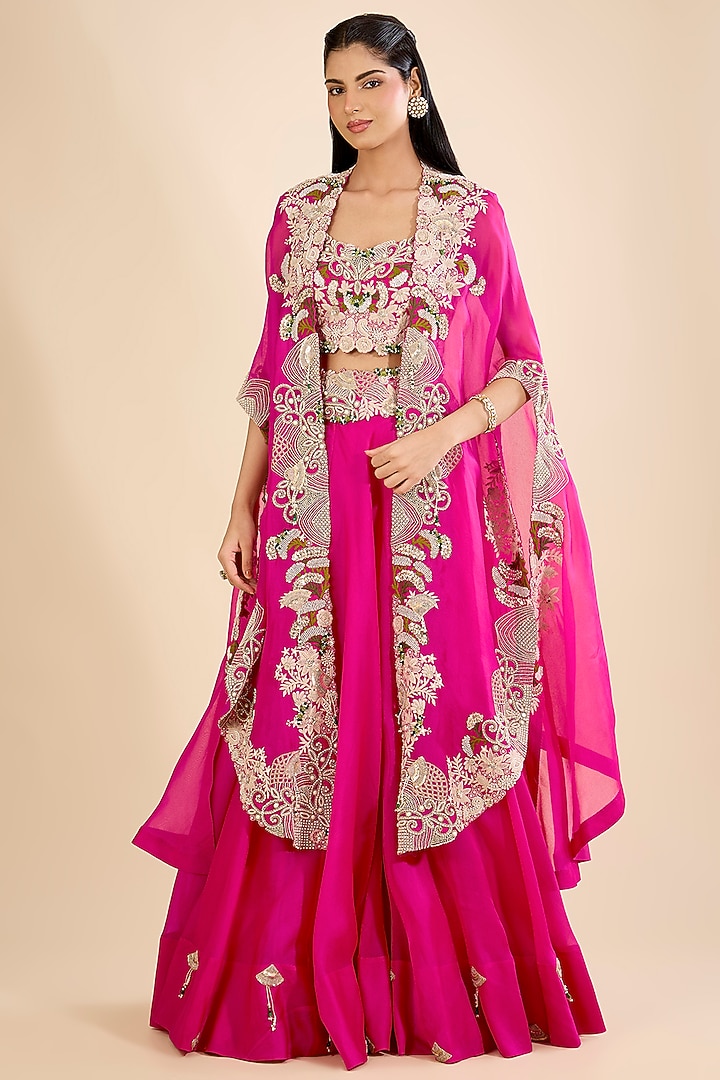 Rani Pink Silk & Organza Thread Embroidered Tiered Skirt Set by Minaxi Dadoo at Pernia's Pop Up Shop