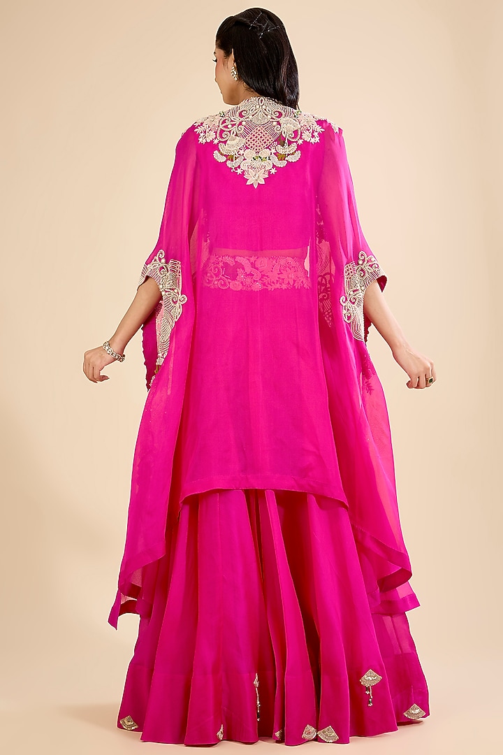 Rani Pink Silk & Organza Thread Embroidered Tiered Skirt Set by Minaxi Dadoo at Pernia's Pop Up Shop