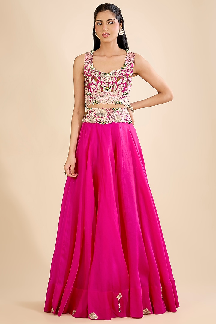 Rani Pink Silk & Organza Thread Embroidered Tiered Skirt Set by Minaxi Dadoo at Pernia's Pop Up Shop