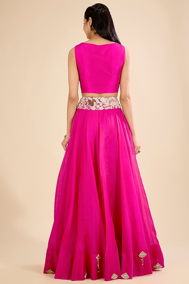 Rani Pink Silk & Organza Thread Embroidered Tiered Skirt Set by Minaxi Dadoo at Pernia's Pop Up Shop