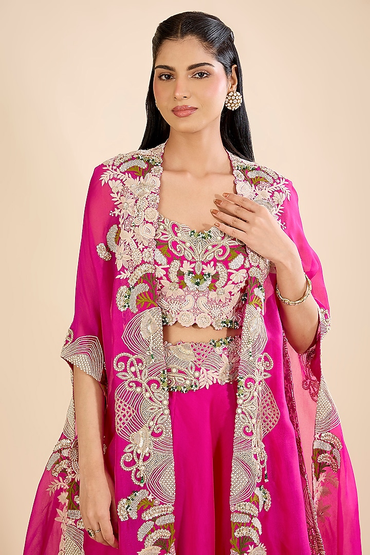 Rani Pink Silk & Organza Thread Embroidered Tiered Skirt Set by Minaxi Dadoo at Pernia's Pop Up Shop