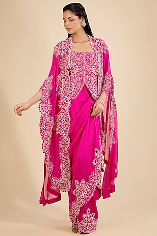 Rani Pink Dupion Mirror Work Skirt Set by Minaxi Dadoo