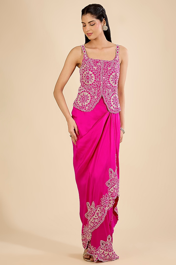 Rani Pink Dupion Mirror Work Skirt Set by Minaxi Dadoo at Pernia's Pop Up Shop