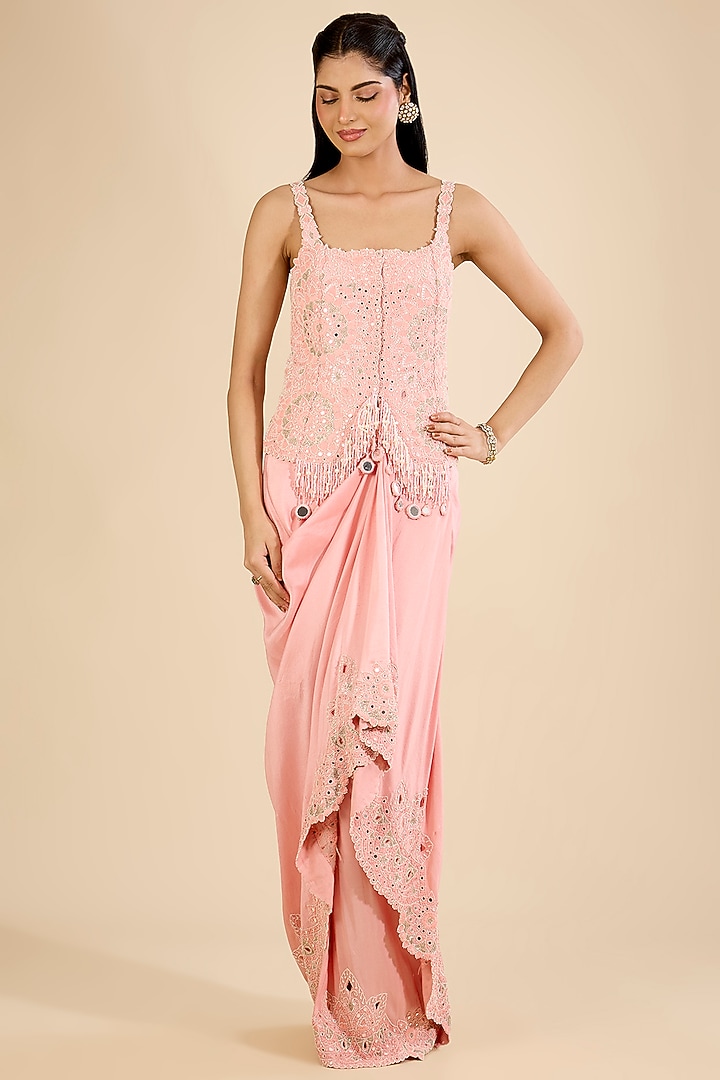 Blush Pink Dupion Mirror Work Skirt Set by Minaxi Dadoo at Pernia's Pop Up Shop