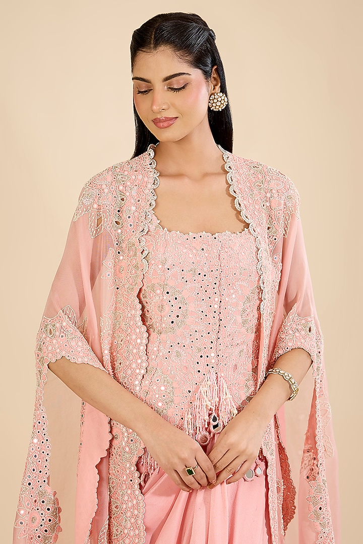 Blush Pink Dupion Mirror Work Skirt Set by Minaxi Dadoo at Pernia's Pop Up Shop