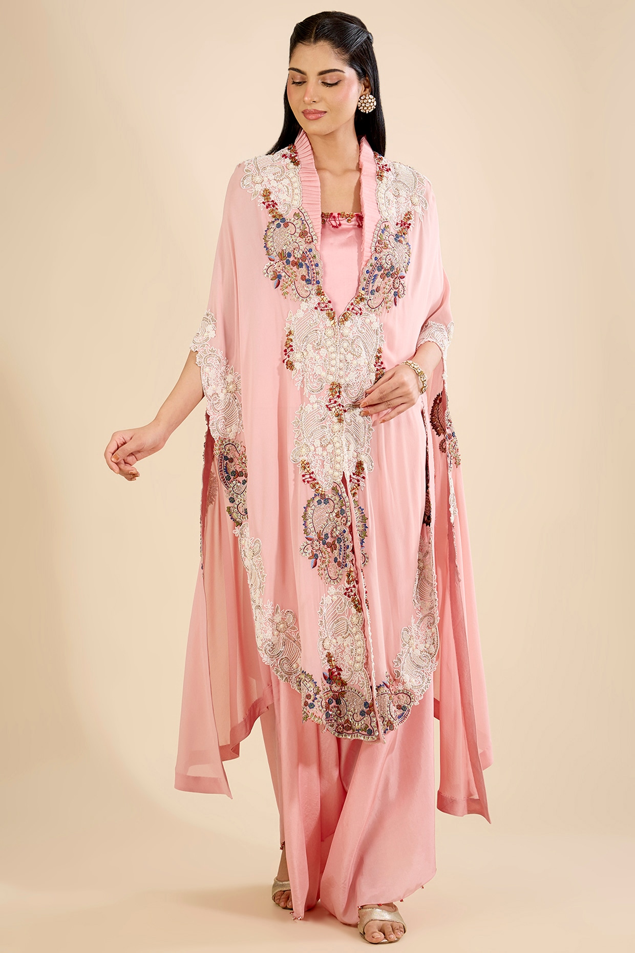 Minaxi Dadoo Blush Pink Dupion Embroidered Cape Set