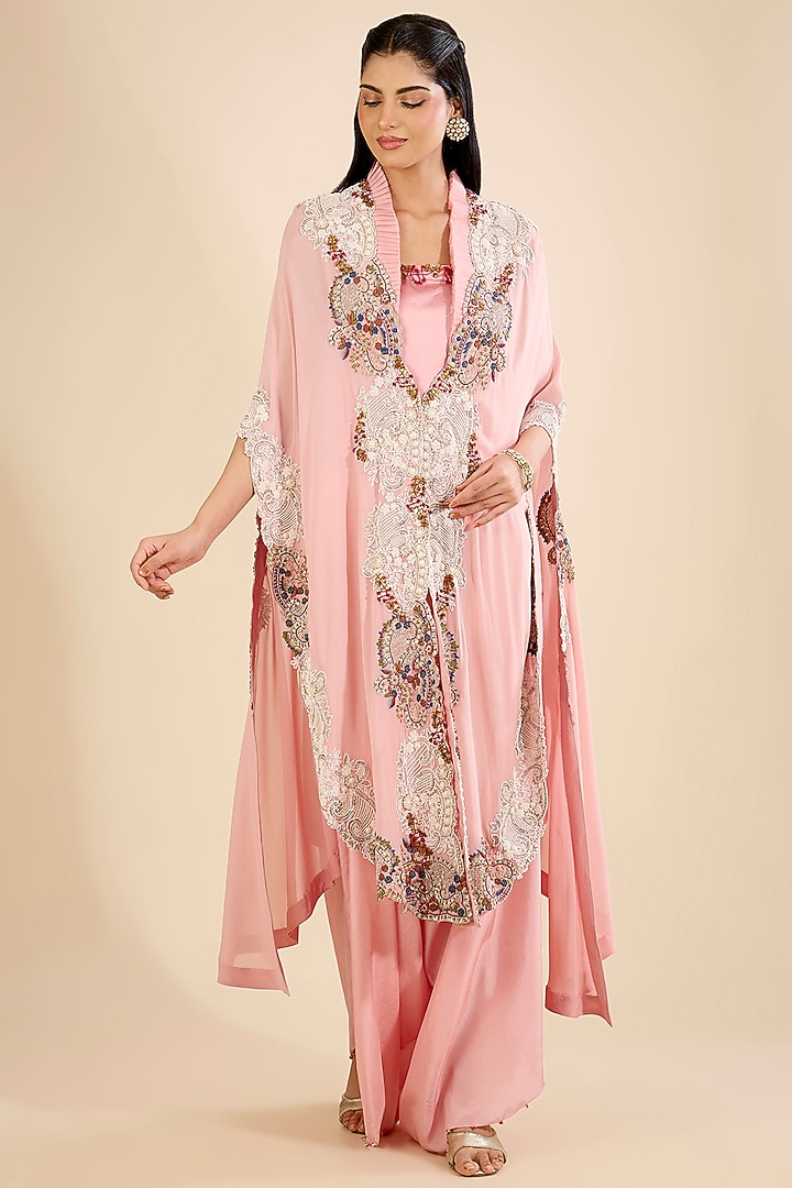 Blush Pink Dupion Embroidered Cape Set by Minaxi Dadoo at Pernia's Pop Up Shop
