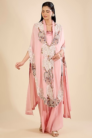 Blush Pink Dupion Embroidered Cape Set by Minaxi Dadoo