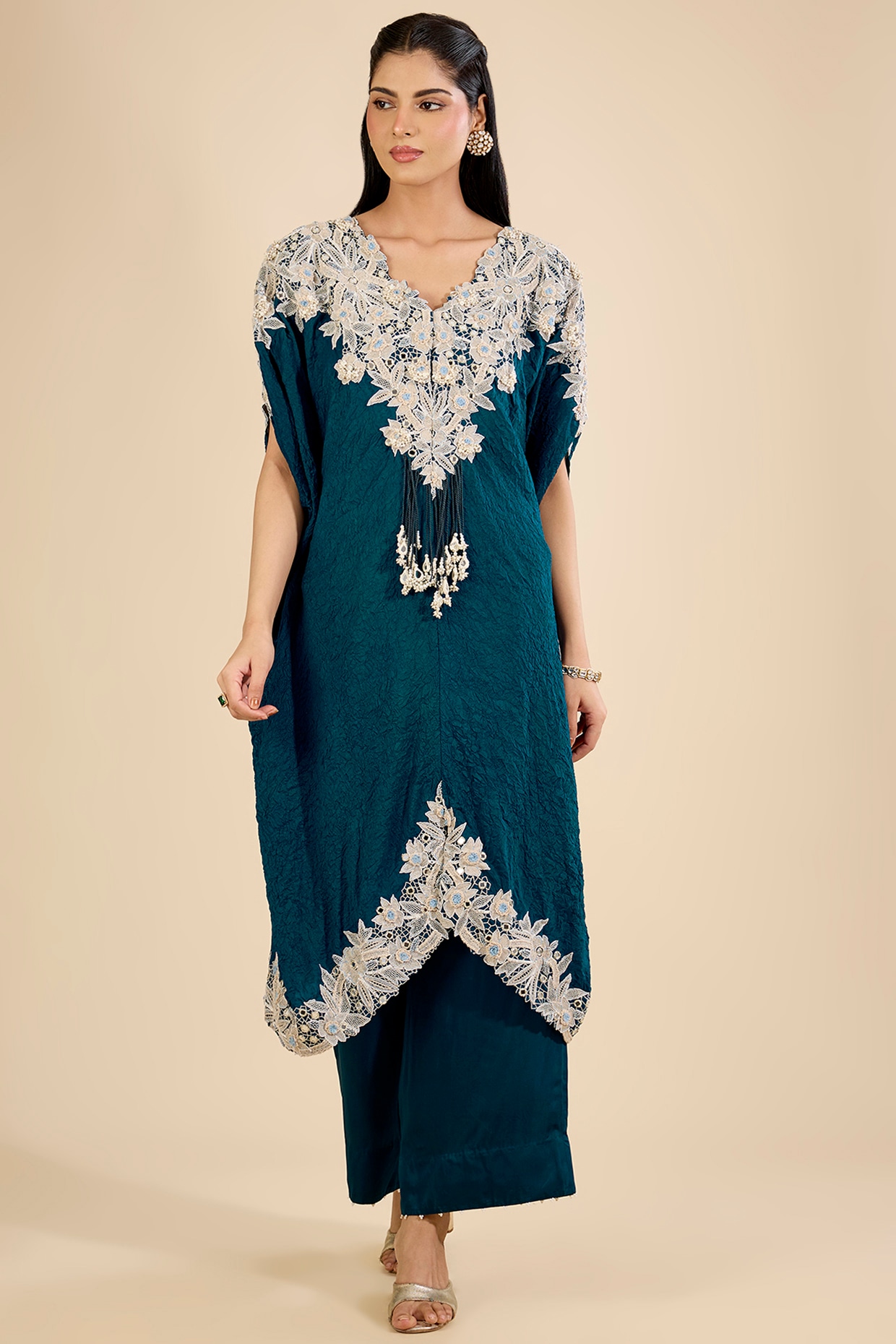 Minaxi Dadoo Peacock Blue Dupion Embroidered Kaftan Set