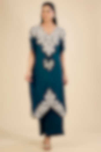 Peacock Blue Dupion Embroidered Kaftan Set by Minaxi Dadoo at Pernia's Pop Up Shop