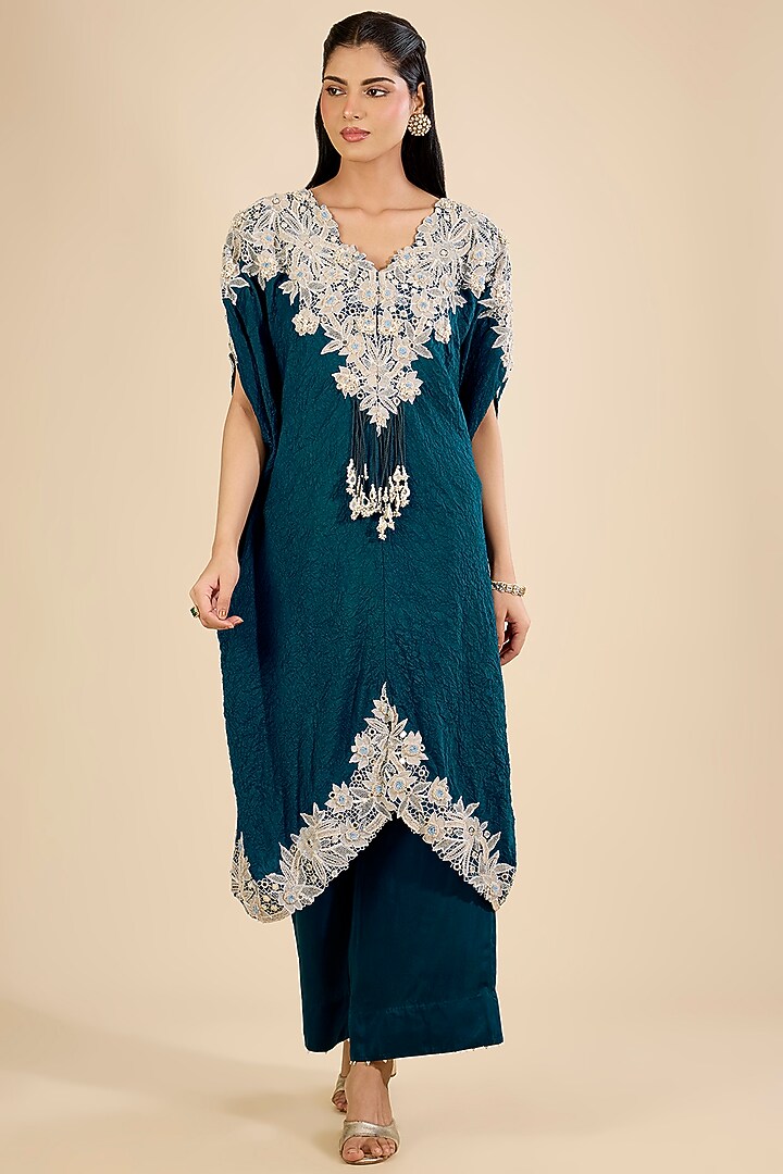 Peacock Blue Dupion Embroidered Kaftan Set by Minaxi Dadoo at Pernia's Pop Up Shop