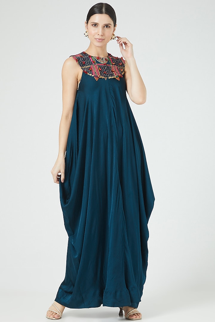 Blue Satin Embroidered Maxi Cocktail Dress by Minaxi Dadoo at Pernia's Pop Up Shop
