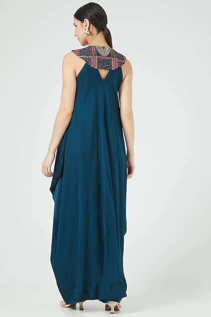 Blue Satin Embroidered Maxi Cocktail Dress by Minaxi Dadoo at Pernia's Pop Up Shop