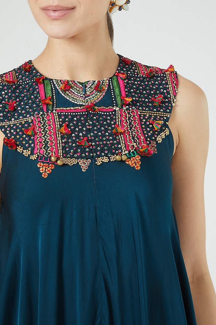 Blue Satin Embroidered Maxi Cocktail Dress by Minaxi Dadoo at Pernia's Pop Up Shop