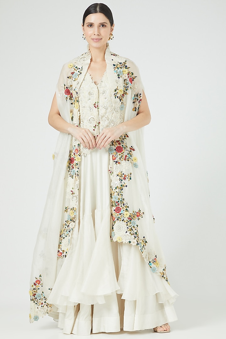 Ivory Organza Embroidered Cape Set by Minaxi Dadoo