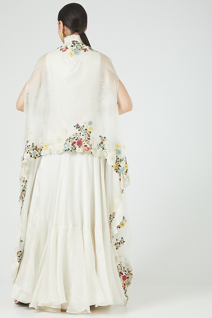 Ivory Organza Embroidered Cape Set by Minaxi Dadoo at Pernia's Pop Up Shop