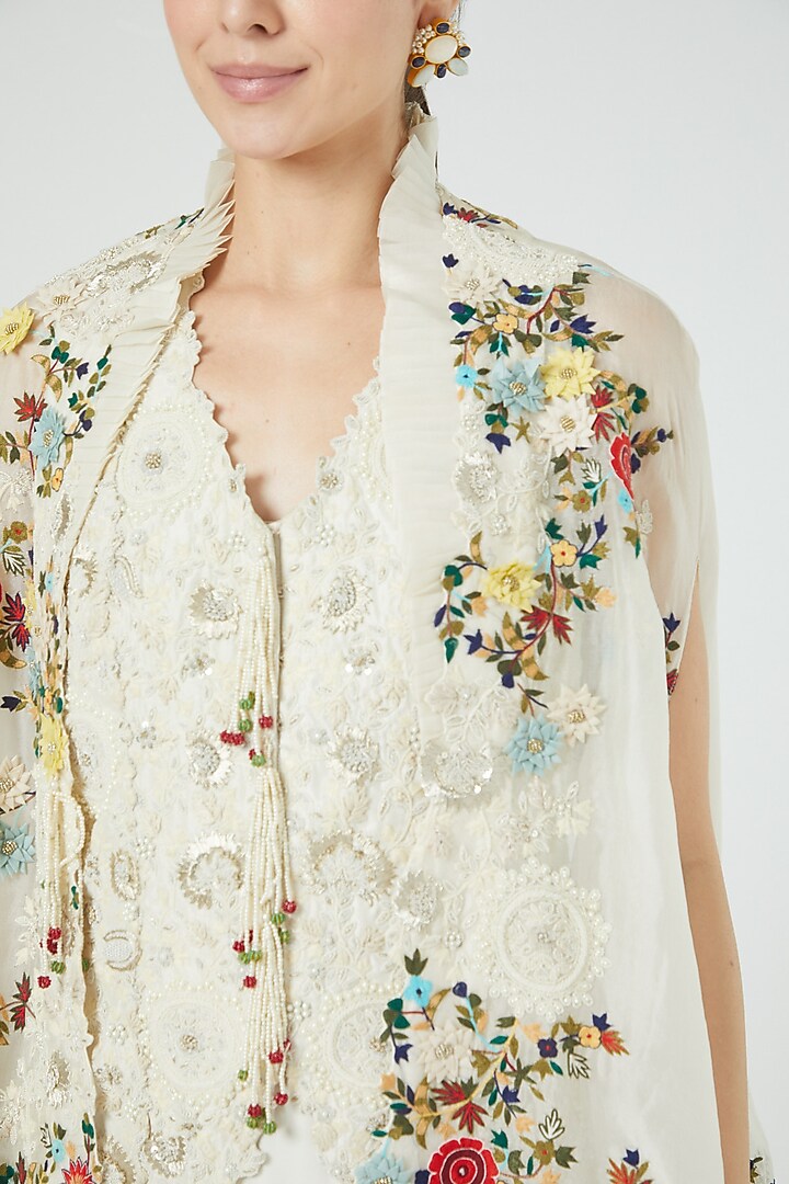 Ivory Organza Embroidered Cape Set by Minaxi Dadoo at Pernia's Pop Up Shop