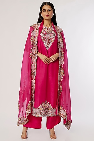 Rani Pink Silk Kurta Set by Minaxi Dadoo