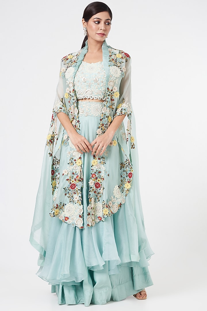 Light Blue Organza Cape Set by Minaxi Dadoo at Pernia's Pop Up Shop
