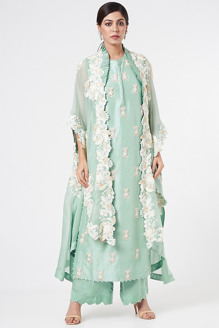 Powder Blue Embroidered Cape Set by Minaxi Dadoo at Pernia's Pop Up Shop
