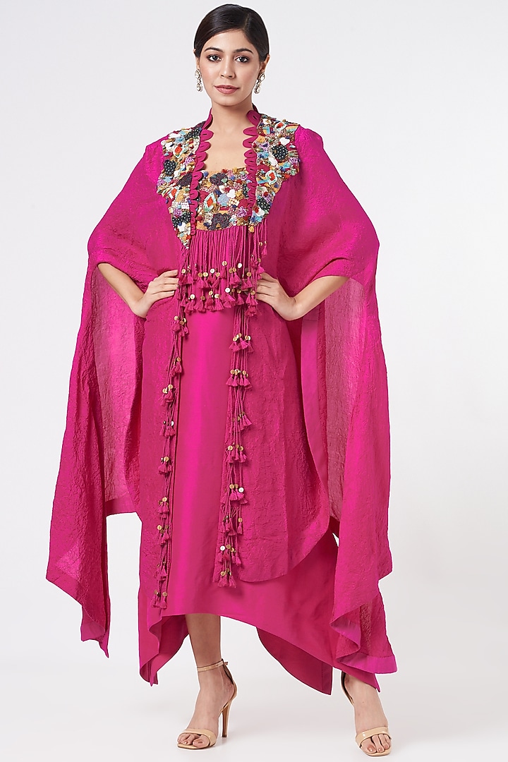 Rani Pink Dupion & Organza Jacket Dress by Minaxi Dadoo