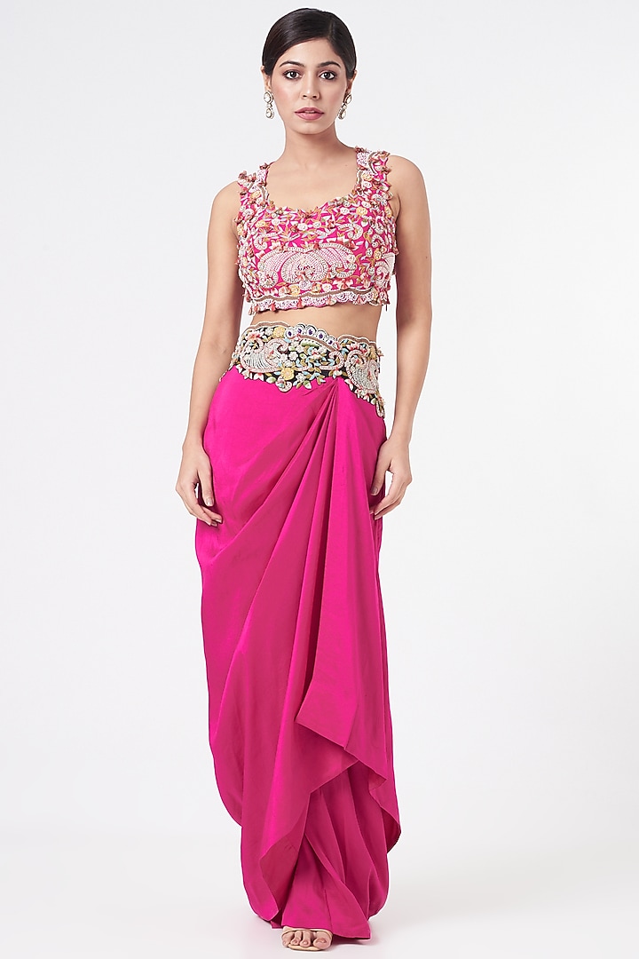 Rani Pink Dupion Silk Thread Embroidered Pick-Up Skirt Set by Minaxi Dadoo at Pernia's Pop Up Shop