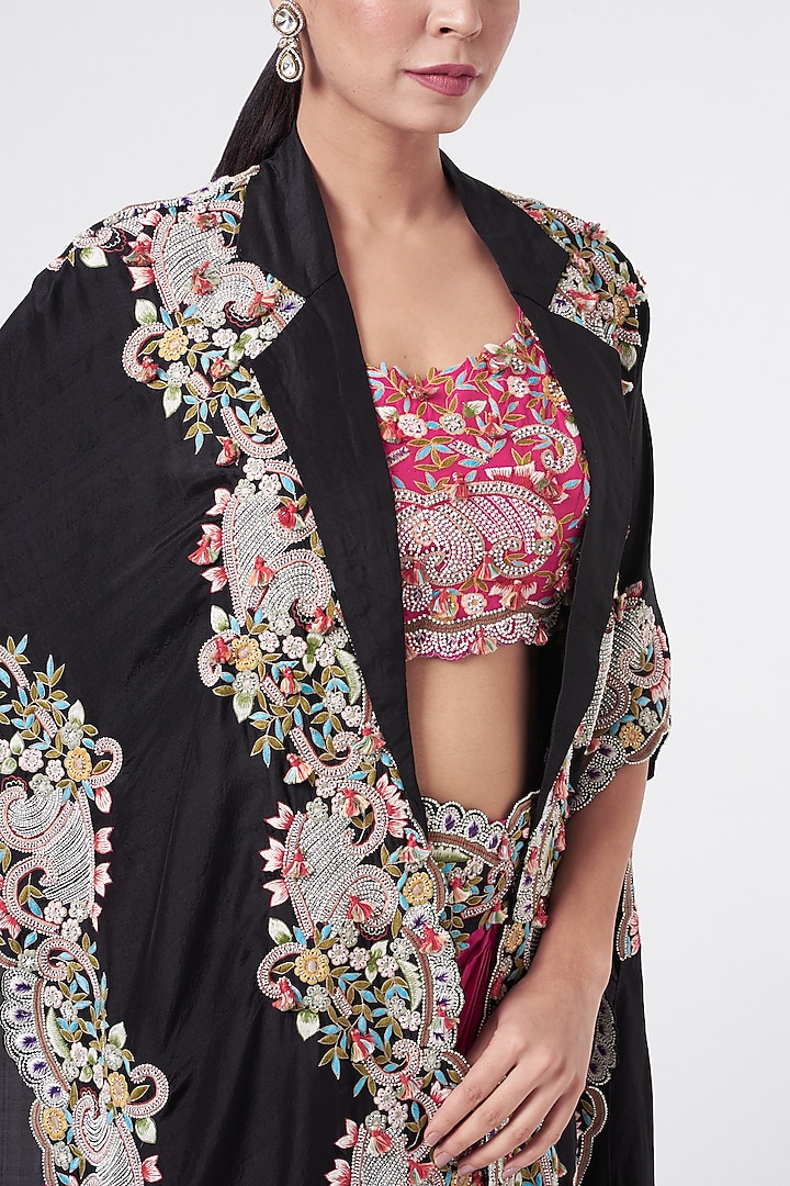 Rani Pink Dupion Silk Thread Embroidered Pick-Up Skirt Set by Minaxi Dadoo at Pernia's Pop Up Shop