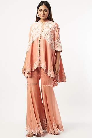 Peach Organza Gharara Set by Minaxi Dadoo
