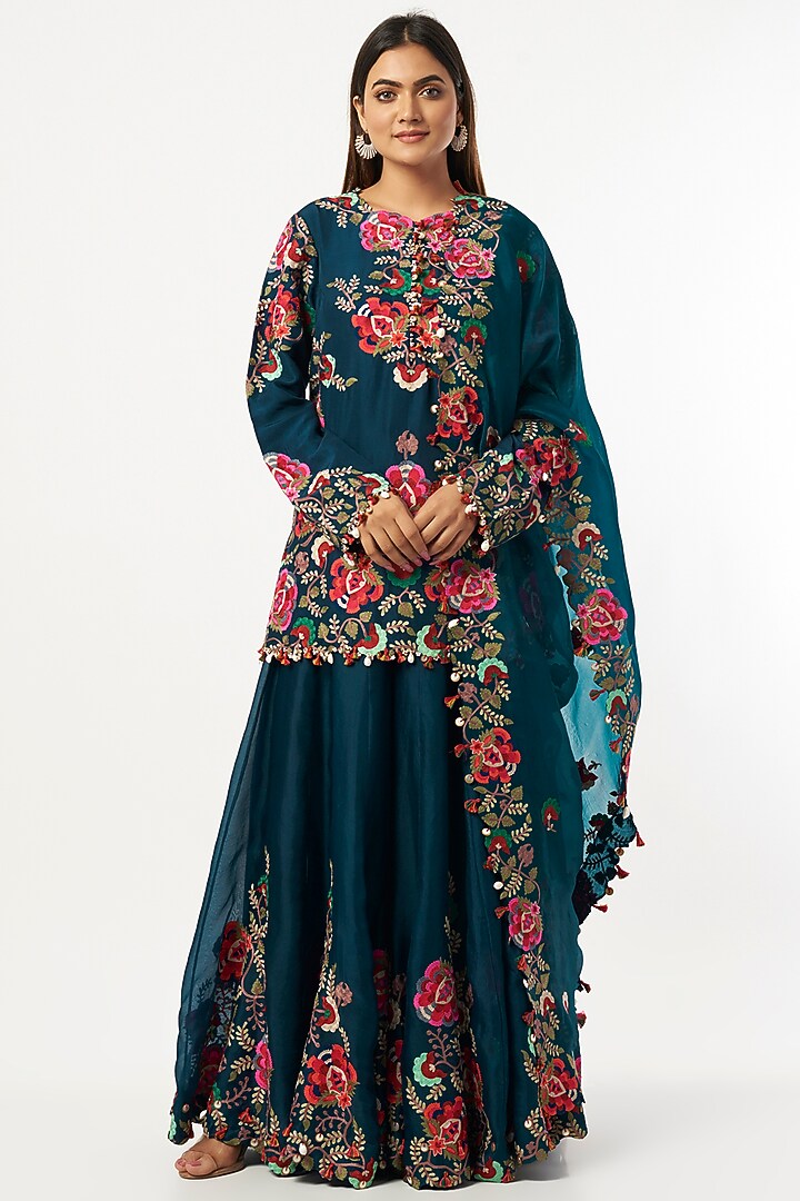 Peacock Blue Embroidered Bridal Sharara Set by Minaxi Dadoo at Pernia's Pop Up Shop