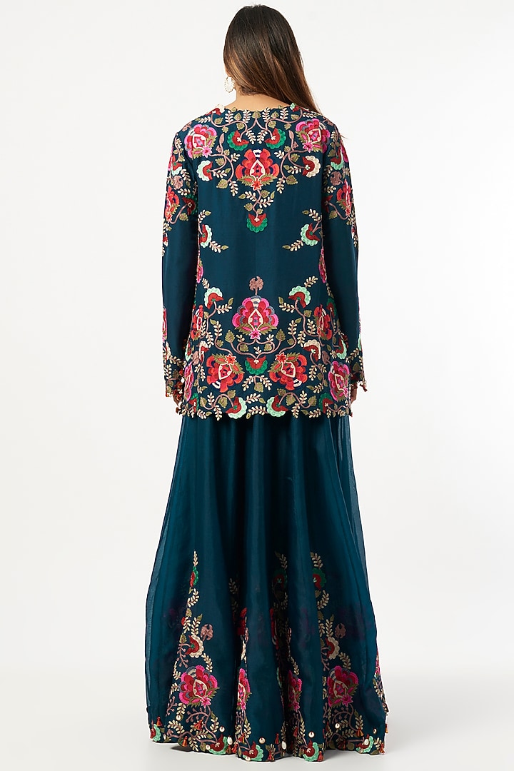 Peacock Blue Embroidered Bridal Sharara Set by Minaxi Dadoo at Pernia's Pop Up Shop