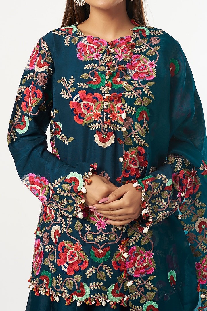 Peacock Blue Embroidered Bridal Sharara Set by Minaxi Dadoo at Pernia's Pop Up Shop