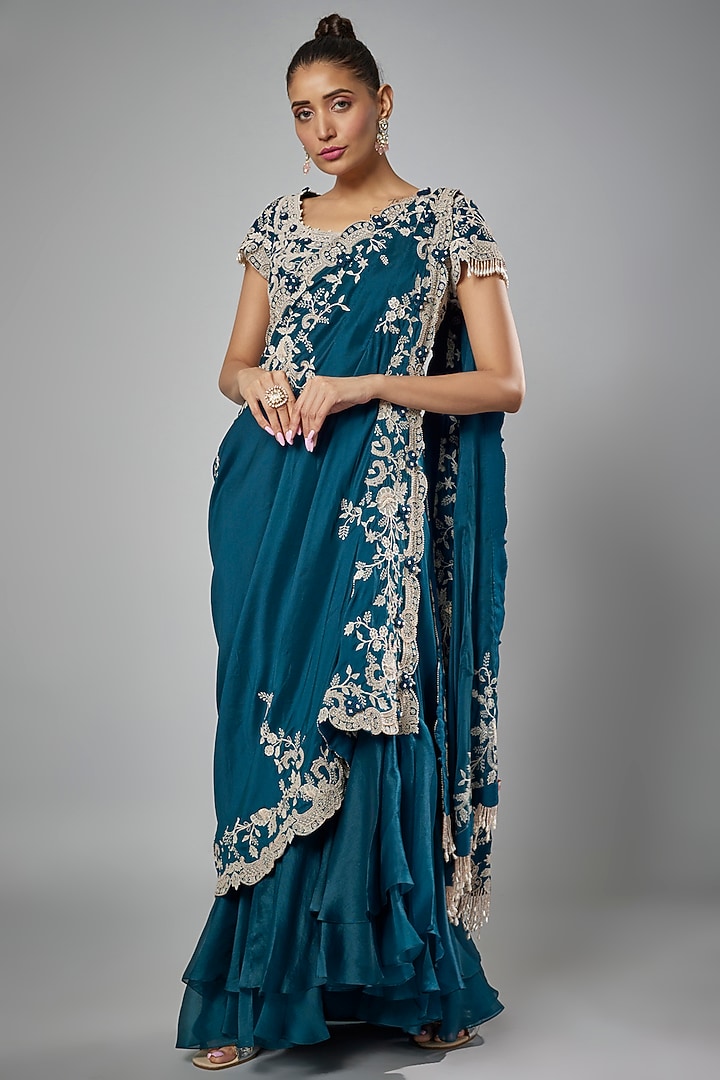 Peacock Blue Dupion Silk Draped Bridal Saree Set by Minaxi Dadoo at Pernia's Pop Up Shop