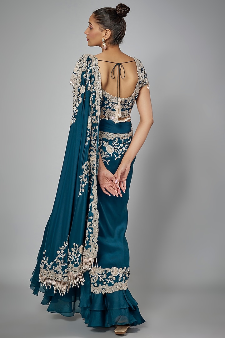 Peacock Blue Dupion Silk Draped Bridal Saree Set by Minaxi Dadoo at Pernia's Pop Up Shop