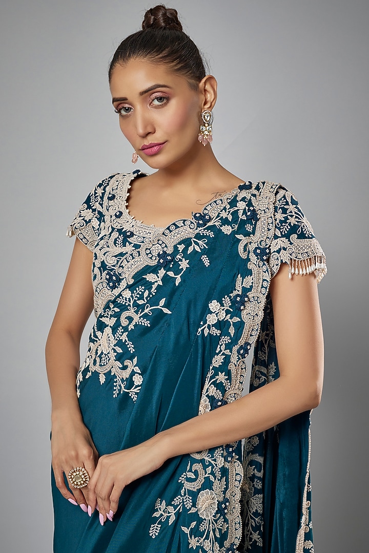 Peacock Blue Dupion Silk Draped Bridal Saree Set by Minaxi Dadoo at Pernia's Pop Up Shop