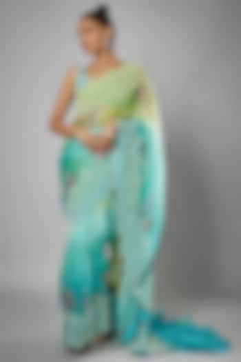 Shaded Green & Blue China Dupion Embroidered Reception Saree Set by Minaxi Dadoo at Pernia's Pop Up Shop
