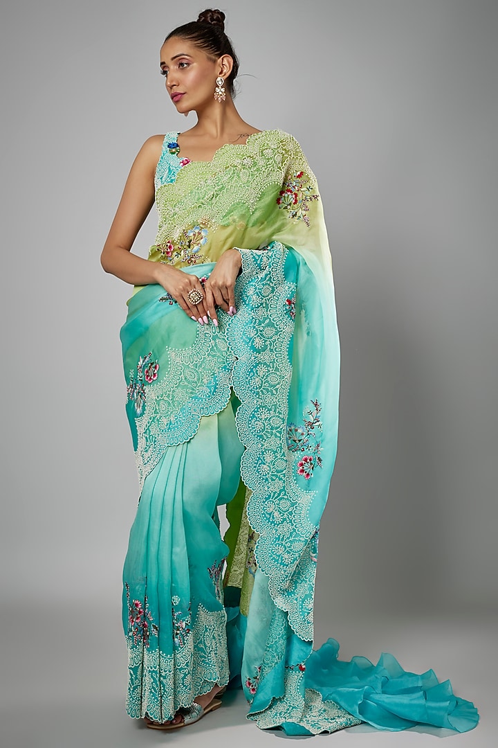 Shaded Green & Blue China Dupion Embroidered Reception Saree Set by Minaxi Dadoo at Pernia's Pop Up Shop