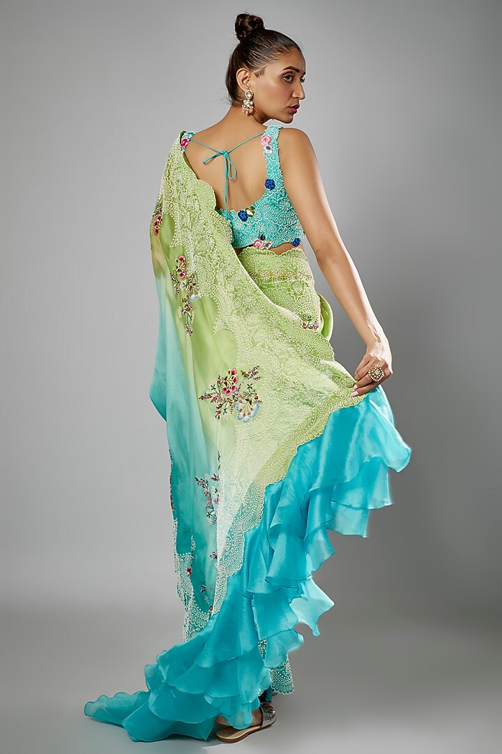Shaded Green & Blue China Dupion Embroidered Reception Saree Set by Minaxi Dadoo at Pernia's Pop Up Shop