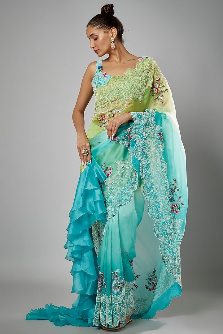 Shaded Green & Blue China Dupion Embroidered Reception Saree Set by Minaxi Dadoo at Pernia's Pop Up Shop