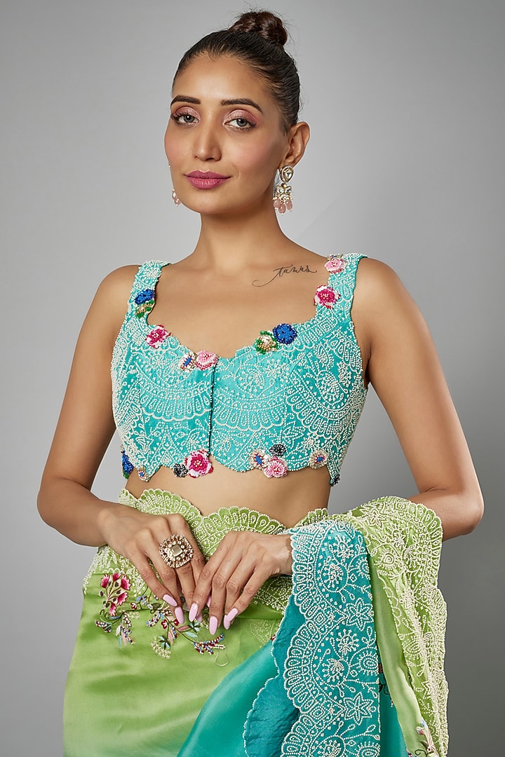 Shaded Green & Blue China Dupion Embroidered Reception Saree Set by Minaxi Dadoo at Pernia's Pop Up Shop