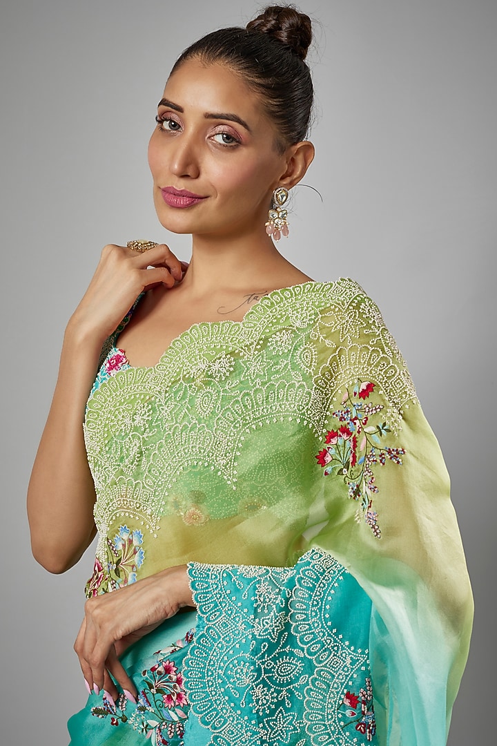Shaded Green & Blue China Dupion Embroidered Reception Saree Set by Minaxi Dadoo at Pernia's Pop Up Shop