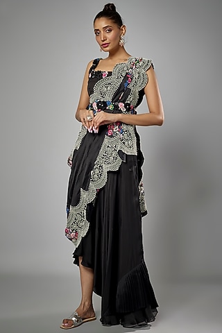 Black Silk & Organza High-Low Skirt Set by Minaxi Dadoo