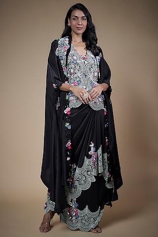 Black Habutai Silk Embroidered Cape Set by Minaxi Dadoo