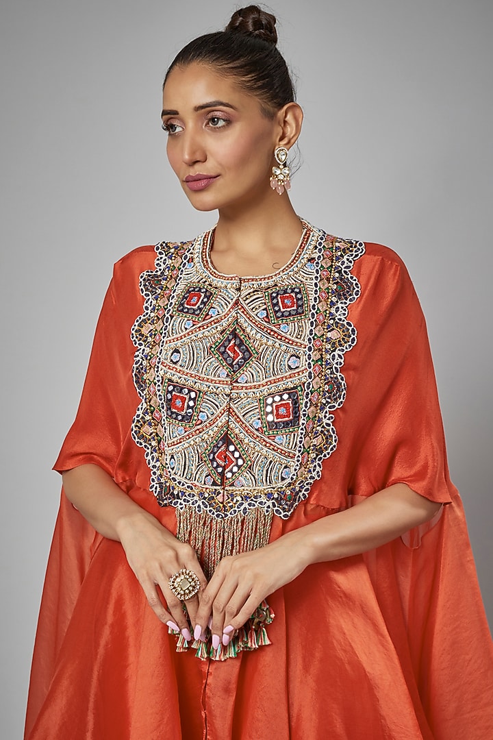 Rust Orange Silk & Organza Embroidered Cape Set by Minaxi Dadoo at Pernia's Pop Up Shop