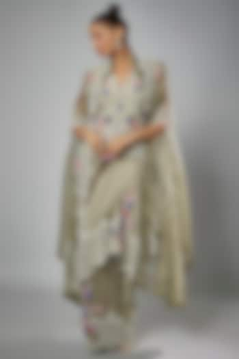 Olive Green Silk & Organza Embroidered Cape Set by Minaxi Dadoo at Pernia's Pop Up Shop