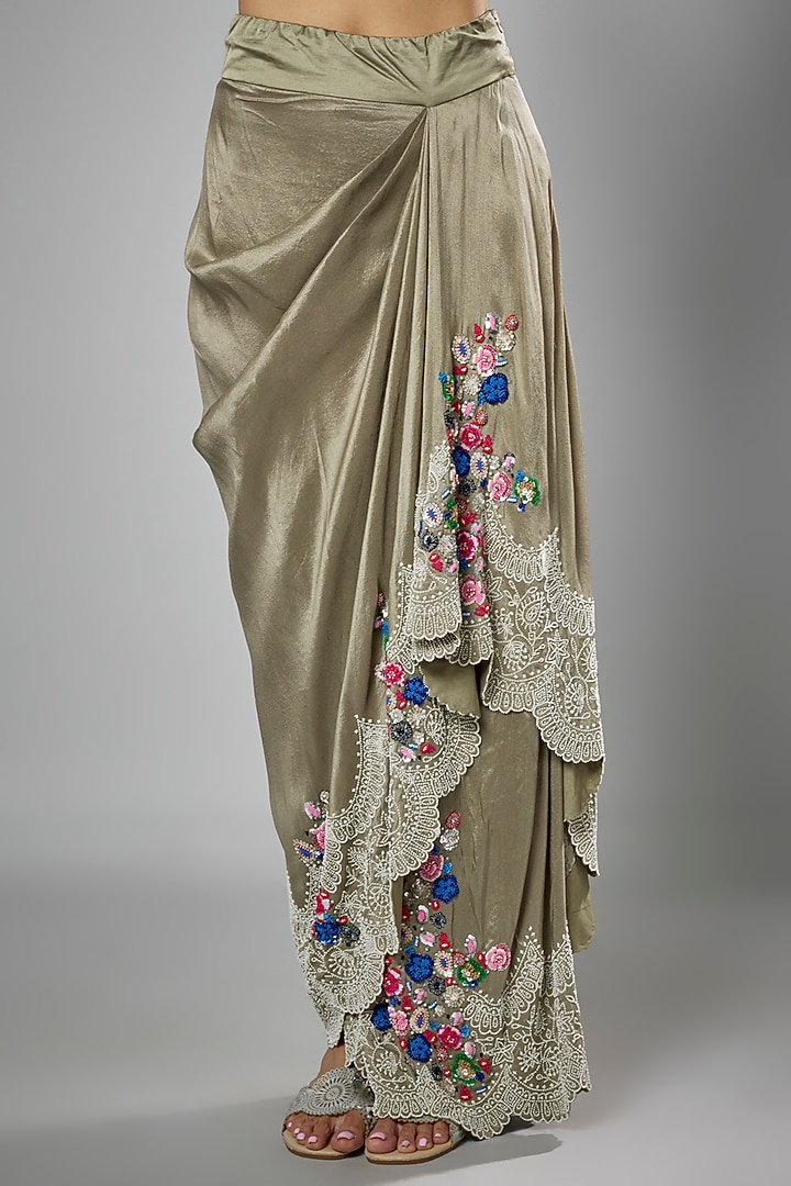 Olive Green Silk & Organza Embroidered Cape Set by Minaxi Dadoo at Pernia's Pop Up Shop