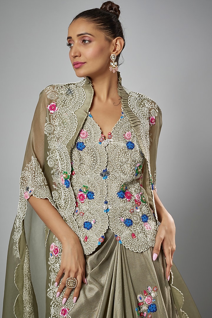 Olive Green Silk & Organza Embroidered Cape Set by Minaxi Dadoo at Pernia's Pop Up Shop