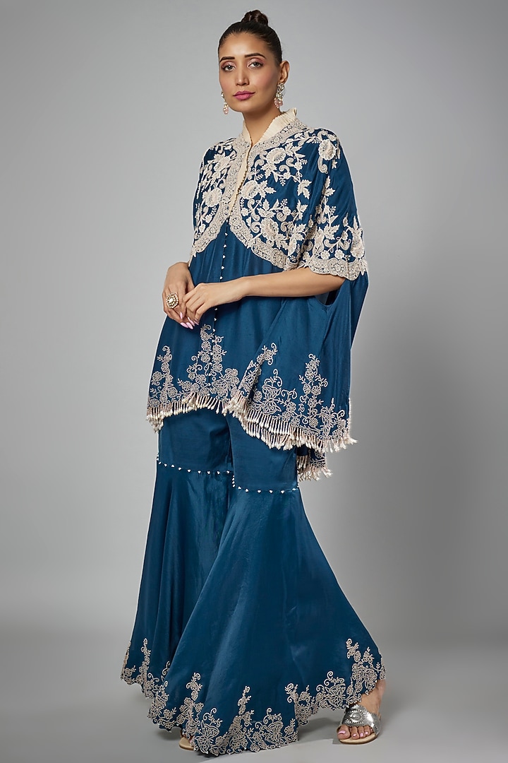 Peacock Blue Dupion Embroidered Cape Set by Minaxi Dadoo at Pernia's Pop Up Shop