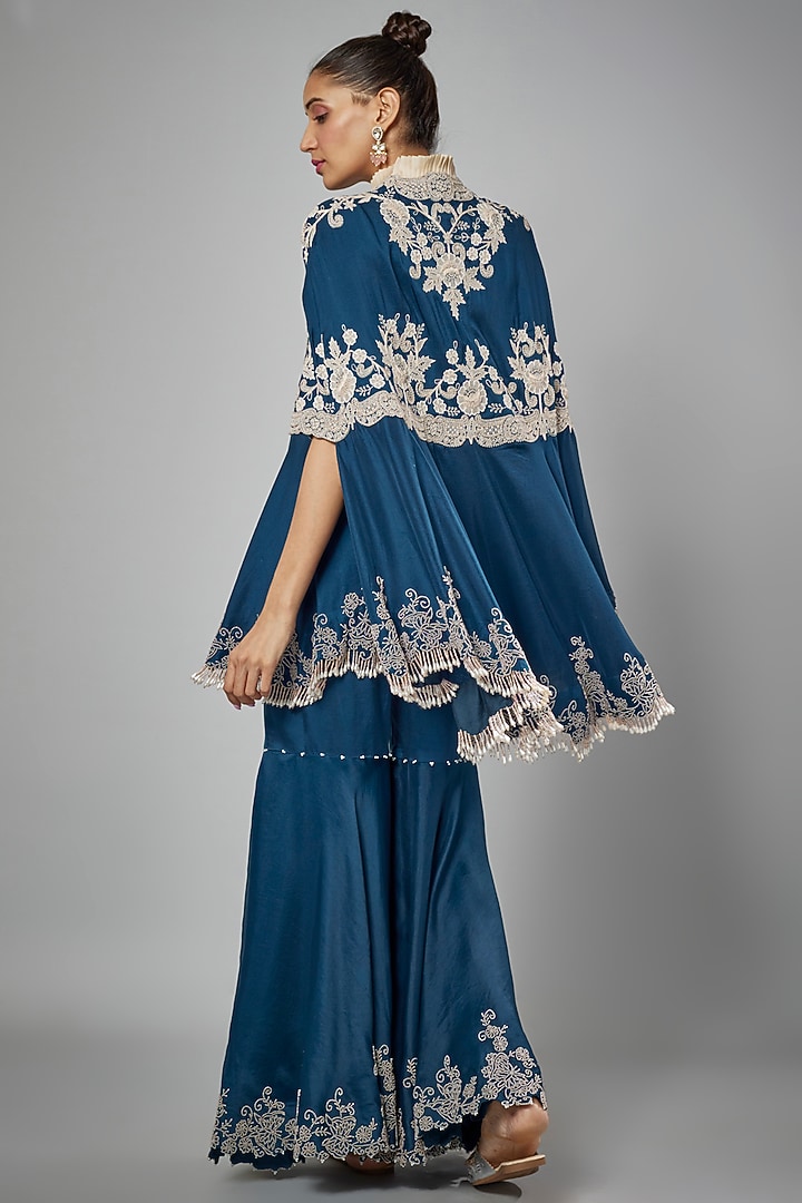 Peacock Blue Dupion Embroidered Cape Set by Minaxi Dadoo at Pernia's Pop Up Shop