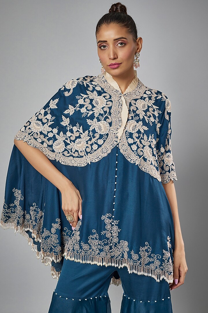 Peacock Blue Dupion Embroidered Cape Set by Minaxi Dadoo at Pernia's Pop Up Shop